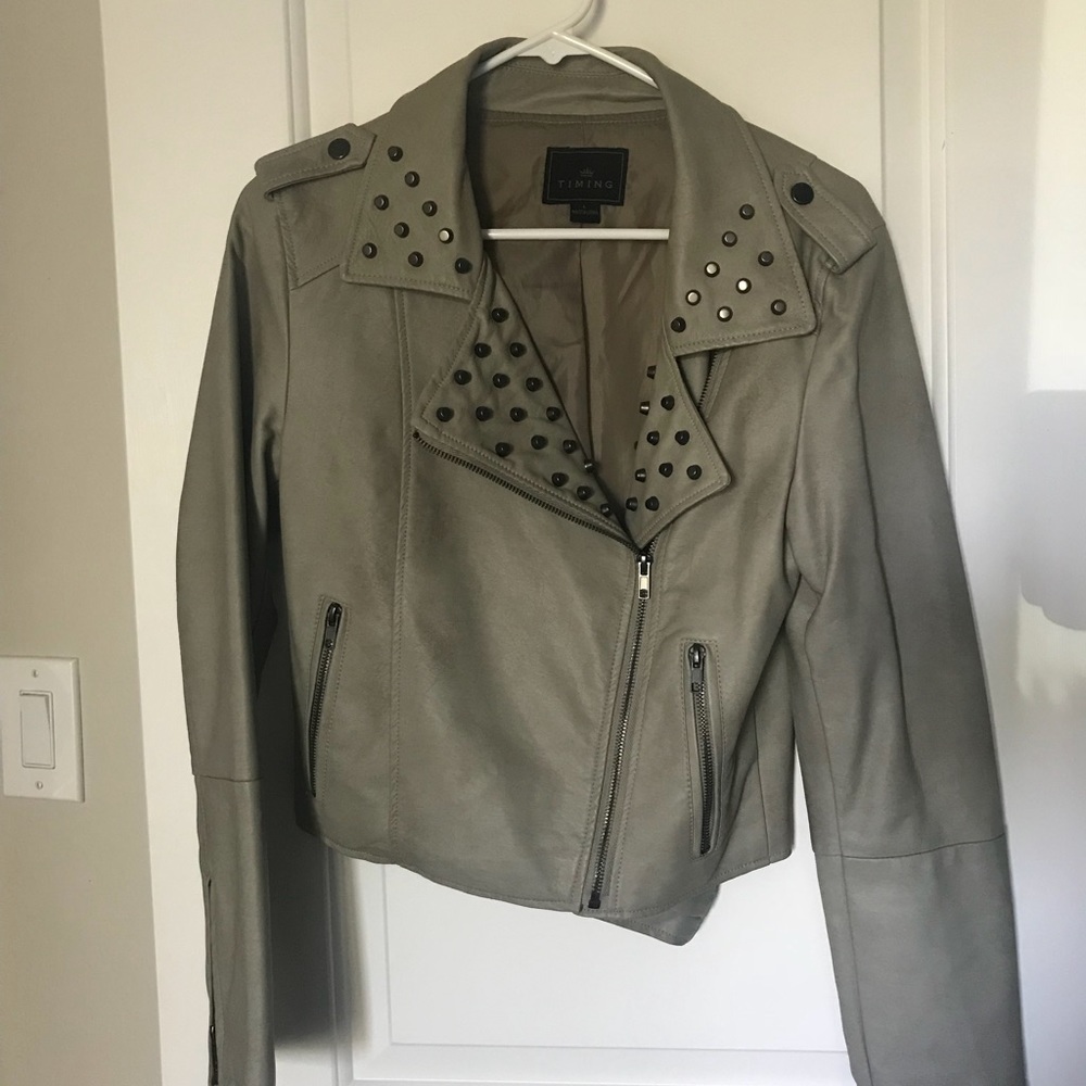 Taupe leather jacket with matte metal studs